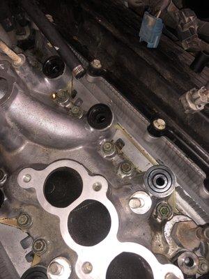 This is the area above the intake manifold where the knock sensor should be sticking out.