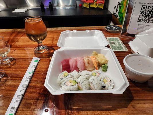 5 pc nigiri with 8 pc CA roll, $20. Request of no salmon was granted.  Farmed = unsustainable. Food not great. Not trying again. 7-18-24