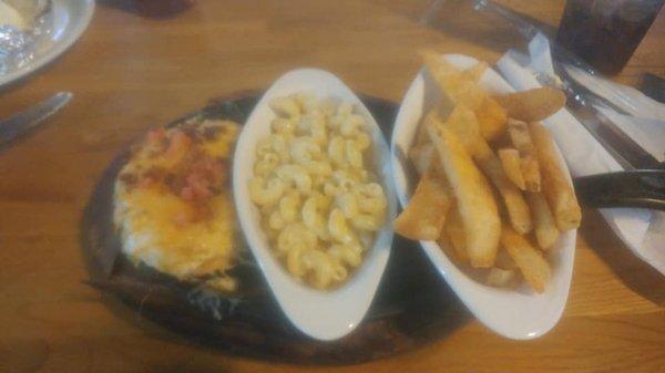 mingo chicken, white cheddar mac and cheese and steak fries