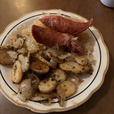 Sausage, sweet kraut, and Czech fries for me! Let's eat!