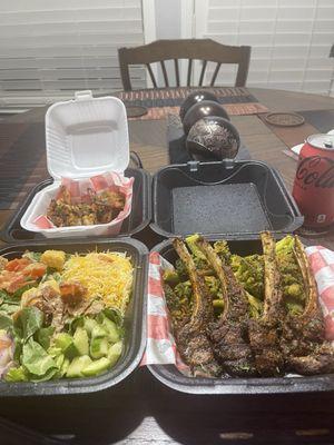 Lamb chops garlic n butter broccoli side salad n added shrimp