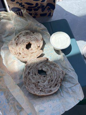 Cinnamon Raisin Bagel with Honey Fleur de Sel Cream Cheese on the side