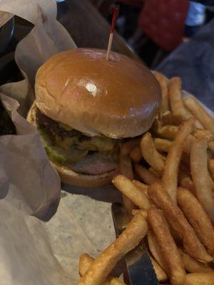 J's double burger fries and potato salad