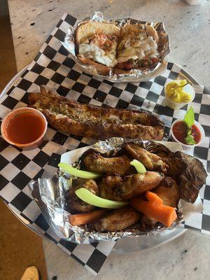 Nashville Hot Wings, pizza Rolls, and delicious  meatball Sandwich.