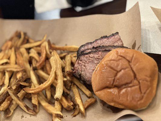 French fries and brisket sandwich