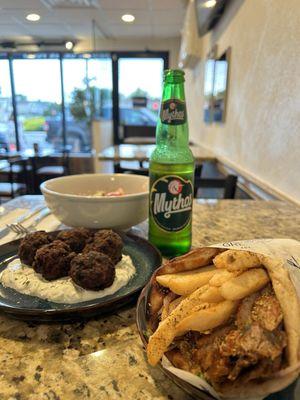 Pita Chicken Gyro Sandwich and greek meatballs