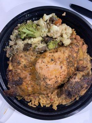 Yellow rice, beans, veggies and jerk chicken