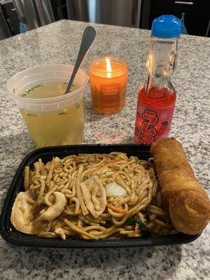 A little Chinese food date night set up! Chicken lo mein, egg roll, and won ton soup topped with a Japanese soda.