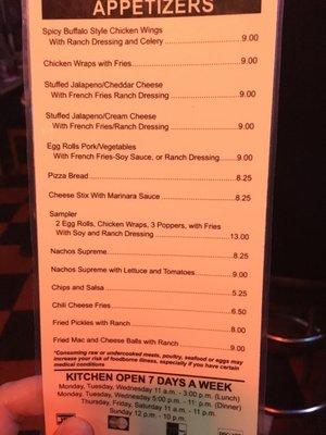 Appetizer menu