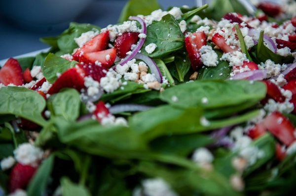 SPINACH SALAD Fresh spinach with strawberries (seasonal), gorgonzola cheese, hazelnuts & red onions