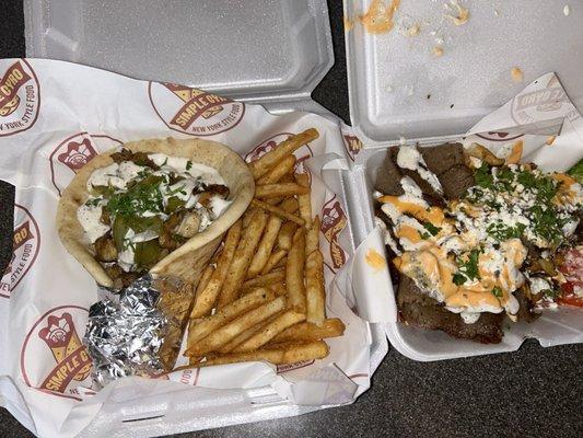 Chicken gryo (left)  NY loaded fries (right)