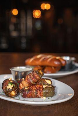 Jalapeno Poppers - Slowly roasted in Chili Sauce & Brown Sugar, Stuffed with Cream Cheese & wrapped in Bacon