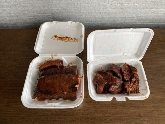 Baby Back Ribs (left) and Rib Tips & Snoots Combo (right)