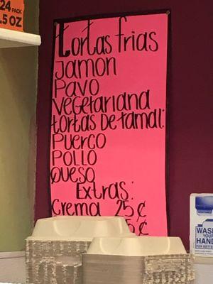 Cold tortas menu