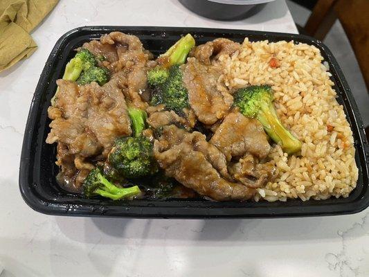 Beef with Beef W. Broccoli and fried rice