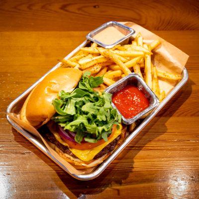 We source local meat to use in our hamburger patty, which comes with fries or a side salad.