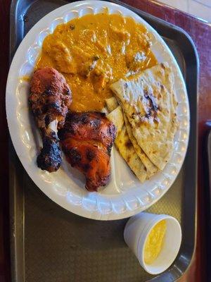 Chicken tiki masala, tandoori chicken and naan