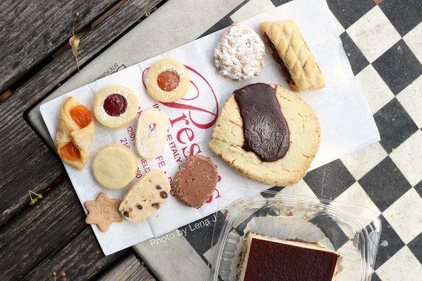 Assorted small cookies, Pignoli Cookie ($1.20), Fig Cookie ($2), Chinese Cookie ($1.50), Tiramisu Piece ($6)