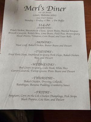 $14.00 Weekday lunch buffet menu