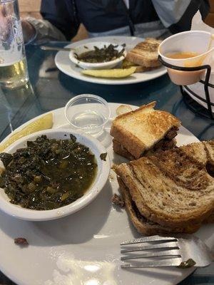 Cheesesteak and patty melt with fresh made collard greens.