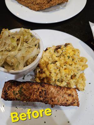 Salmon, cabbage,  and mac & cheese. I finished the plate, because it was that good!