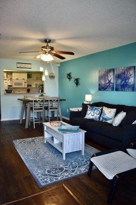 View into Unit 2 from entryway, sofa has a pullout queen mattress