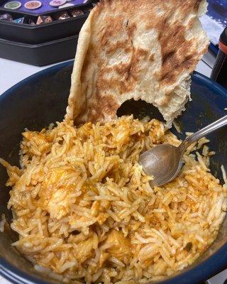 Chicken curry, rice, and regular naan bread.