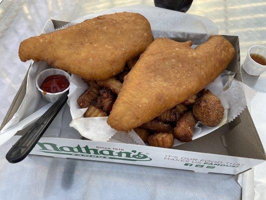 Flounder fish n chips platter.  Thumbs up!