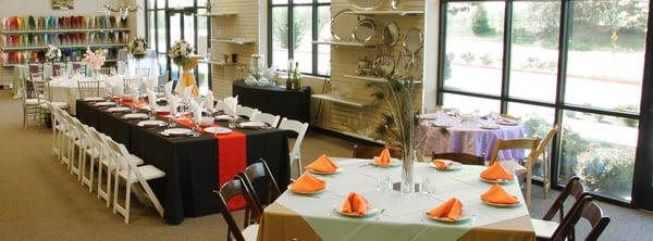 Use our 2,000 square foot show room and extensive linen collection  to explore options and design your own table settings