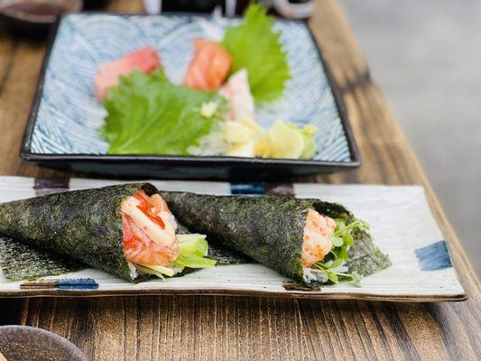 Spicy Salmon Hand Roll & Spicy Scallop Hand Roll