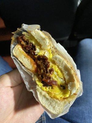 Bacon egg and cheese in an everything bagel