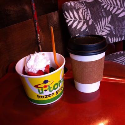 Dutch chocolate frozen yogurt with berries and whipped cream (next time I'll add brownie bites) plus a house coffee!