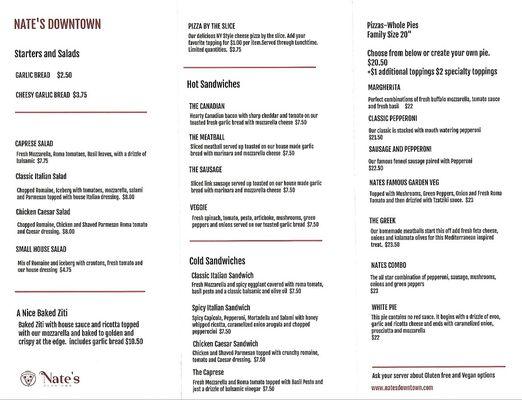 Nate's Downtown Menu