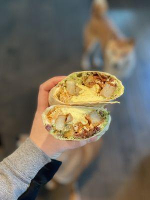 Bacon, Guacamole, Potato and egg breakfast burrito