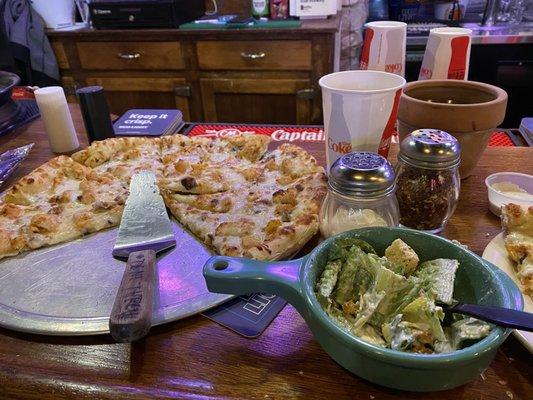 Smoked chicken pizza and Caesar salad ($8.99 for that small bowl!!!)