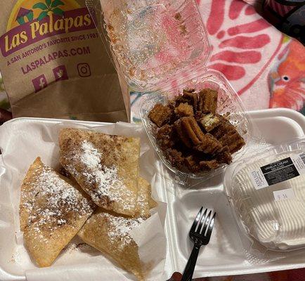 Desserts soppapillas left , top right churros bottom right tres leches cake all yummy