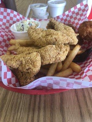 4 piece catfish dinner with fries and hush puppies.