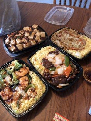 Szechuan shrimp,Ma poo tofu,Chinese veggies with beef,Lo mein noodles with pork. All dishes with pork fried rice except tofu