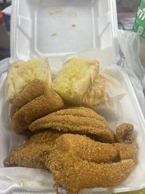 Fried Catfish Filet with Mac n Mac and Cheese and Potato Salad