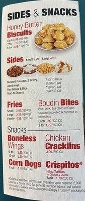 Sides and snacks menu