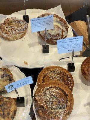 Cinnamon roll, almond pinwheel, caramelized onion pinwheel