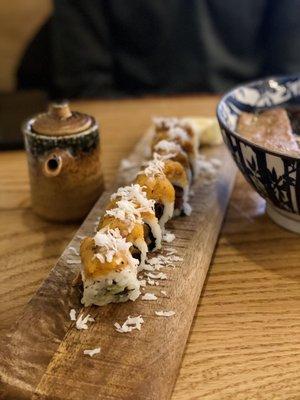 Harvest sushi (sweet potato and coconut on top!)