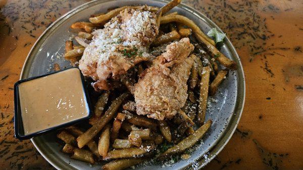 Buttermilk-fried chicken with garlic fries and BBQ aioli