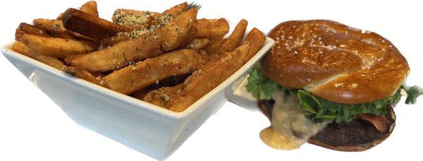 Cheddar Beer and Bacon  Burger with Garlic Parm Fries!