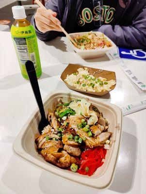 Shoyu chicken ginger, poke bowl regular and green tea