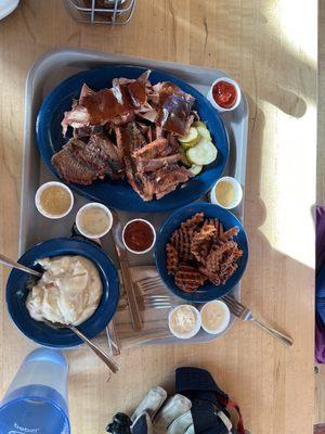 Three meats smoke shack plater. Yummy and filling for two