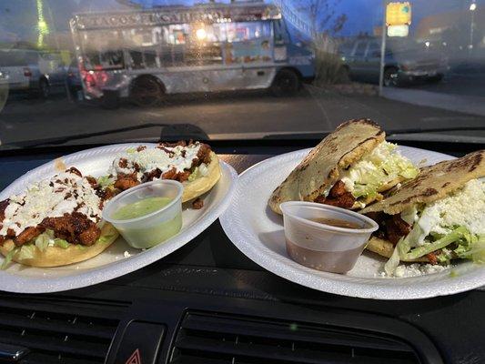 Sopes on left and gorditas on right all al pastor