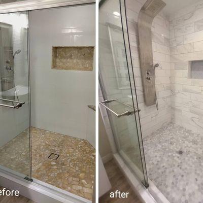 Shower remodel before and after with 6x16 on shower walls and hexagon on shower floor