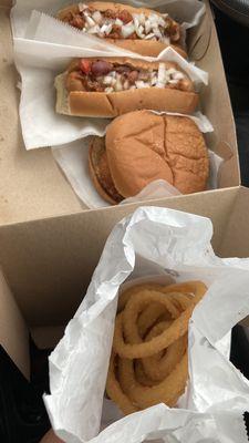 Chili dogs, clam cake burger, onion rings