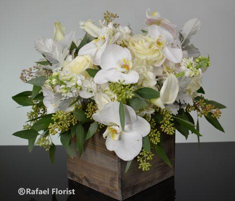 Shabby Chic design of Phalaenopsis orchids, mini calla lilies, hydrangeas and roses in a rustic wooden box, Unique and elegan...